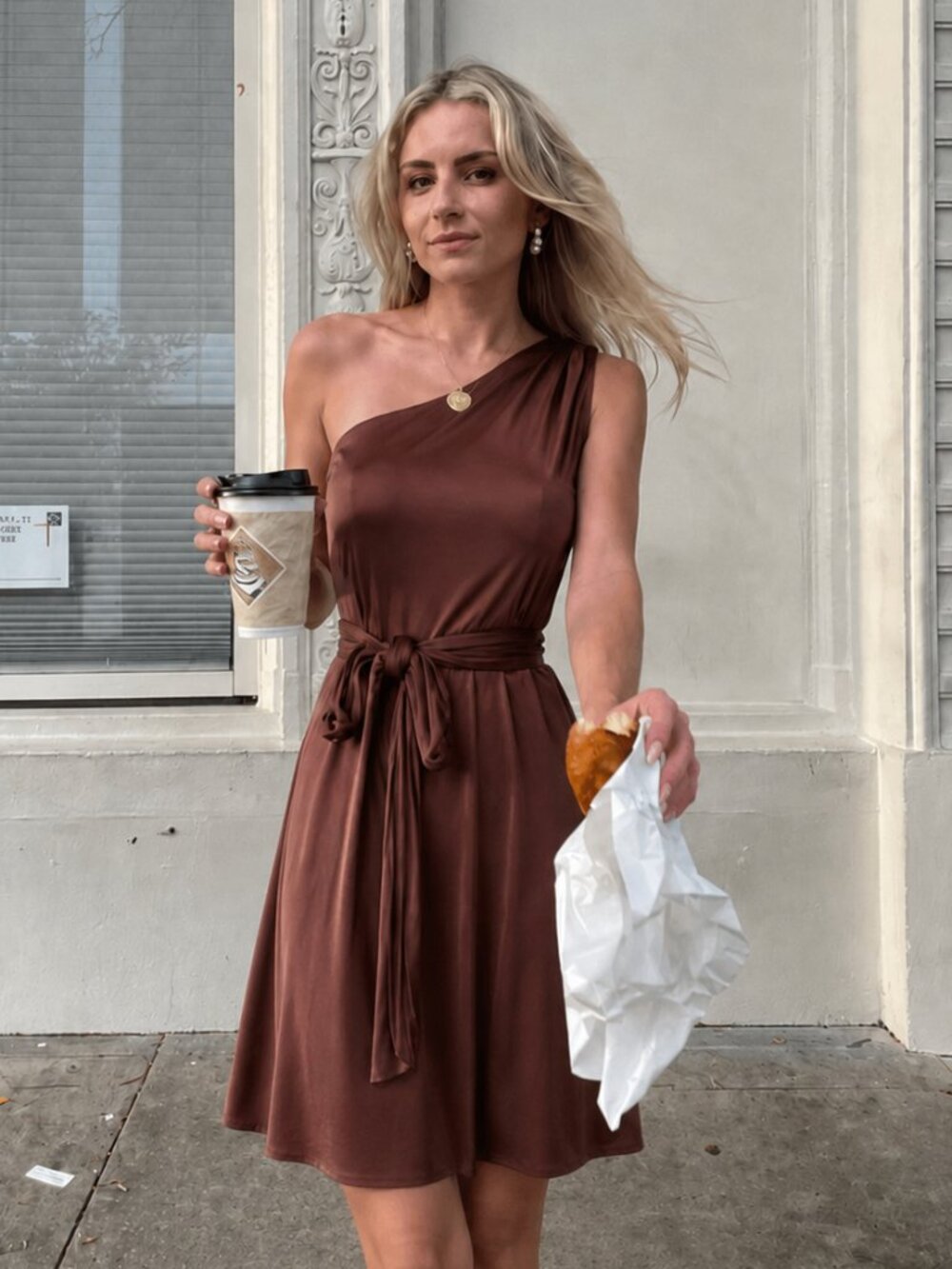 Banana Republic Asymmetrical Gold Mini Dress One Shoulder Open Belted Circle